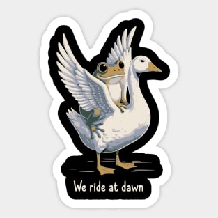 We Ride at Dawn – Funny Frog Riding Goose Chaotic Animal Meme Sticker